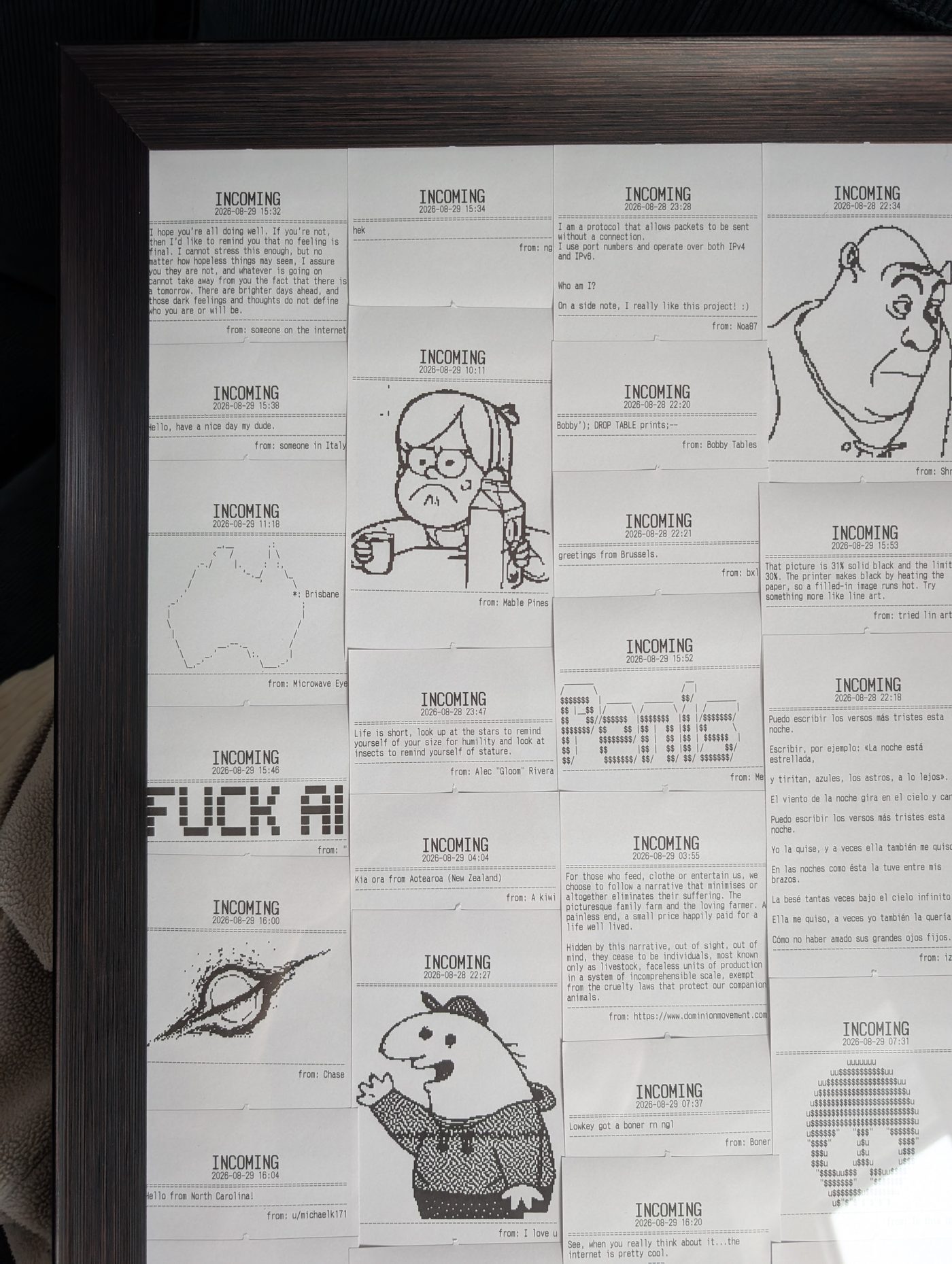 Detail of the top-left: receipts showing a message about brighter days, an ASCII map of Australia, a drawing of a girl with a mug, and a Bobby Tables SQL-injection joke.