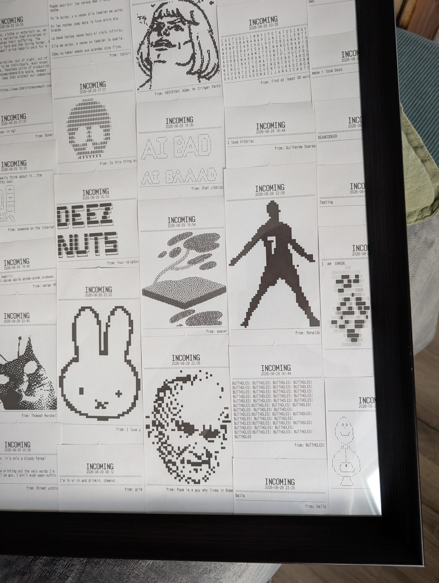 Detail of the lower right, showing dithered pixel-art receipts including a rabbit, a footballer and several ASCII drawings.